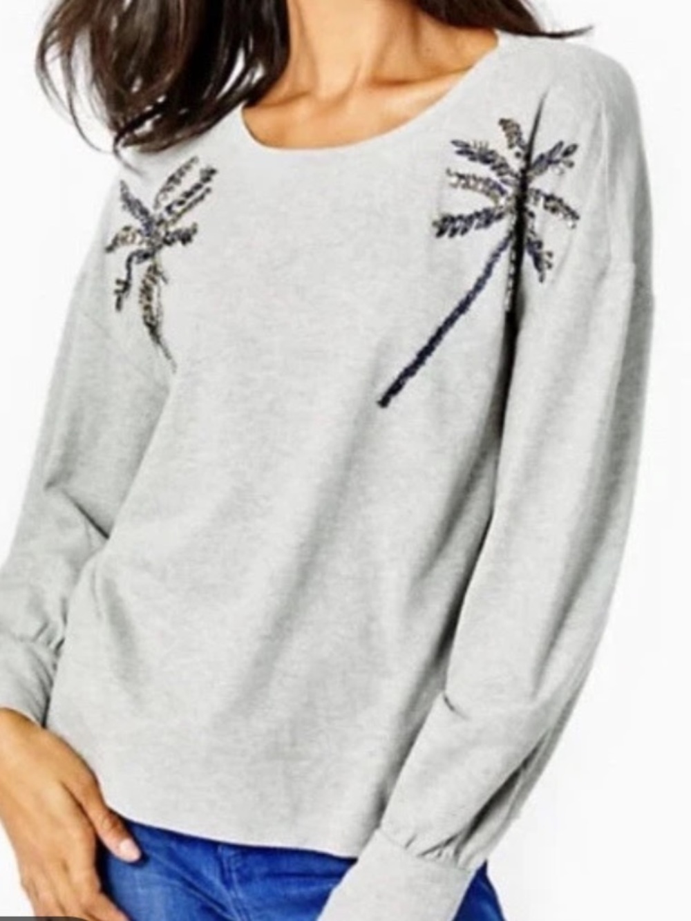 Lilly Pulitzer tippie rhinestone embellished palm tree grey sweatshirt sz m